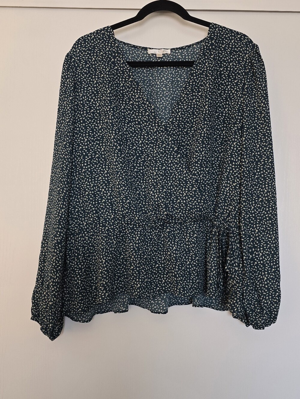 Nine Britton - (Plus-Size) Green & White Long-Sleeve Faux-Wrap Top
